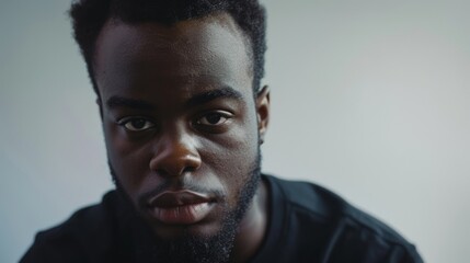 A close-up of a person with an intense and contemplative expression against a plain background, capturing a moment of deep thought and emotion.