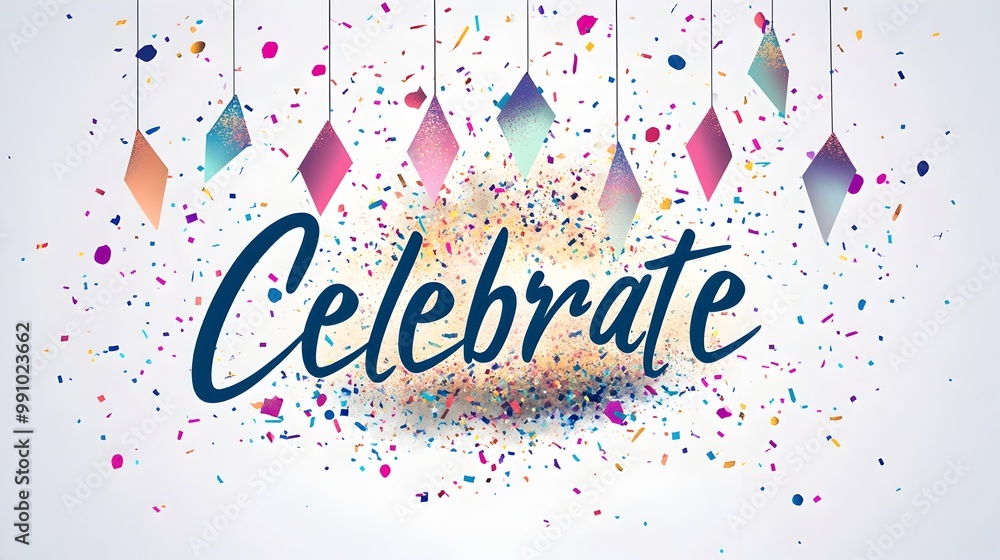 Poster elegant cursive typography with vibrant party flags and confetti explosion