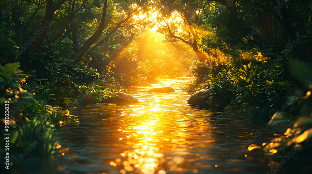 Poster a serene forest scene with sunlight streaming through trees onto a gentle stream, creating a peacefu