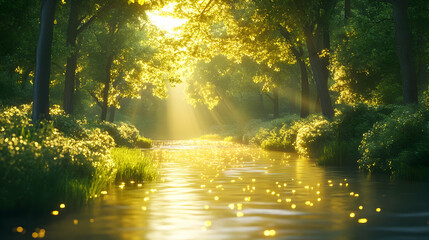 Obraz premium Serene river flowing through a sunlit forest, surrounded by lush greenery and delicate wildflowers.