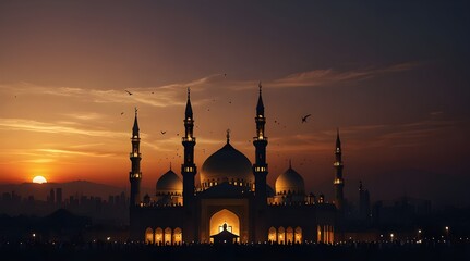 Obraz premium Eid Celebration at Sunset with Grand Mosque.generative.ai