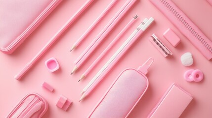 A flat lay of pink-themed school supplies--pencils, erasers, and a pencil case--against a soft pink background, perfect for stationery promotions.