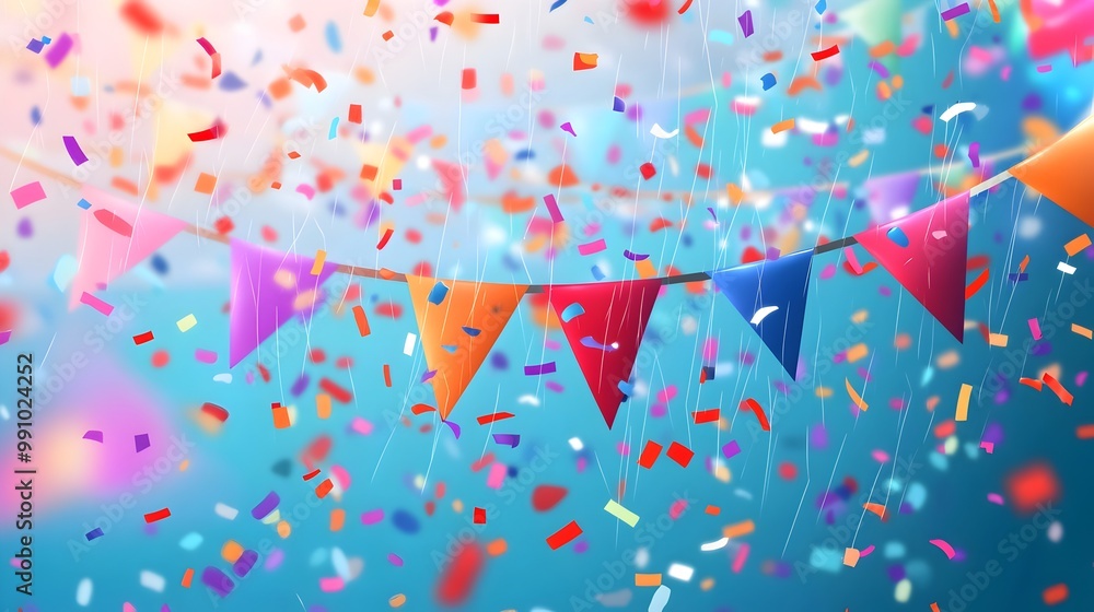 Poster vivid confetti raining down on festive stringed flags in clean style