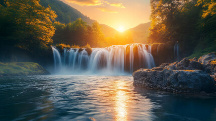 Scenic waterfall cascading down rocks during sunset, surrounded by lush greenery and serene waters.