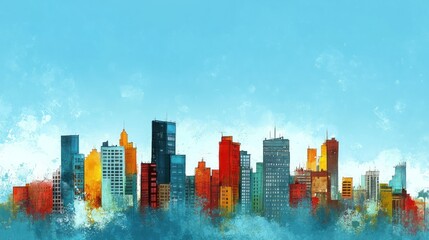 Fototapeta premium Watercolor painting of an urban cityscape with tall buildings and a light blue sky.