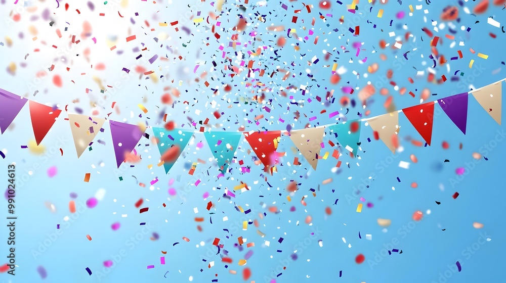 Poster bright confetti raining on colorful stringed party flags in clean style