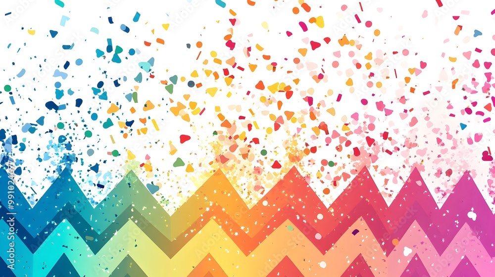 Poster vibrant zig-zag party flags with confetti in a rainbow color scheme
