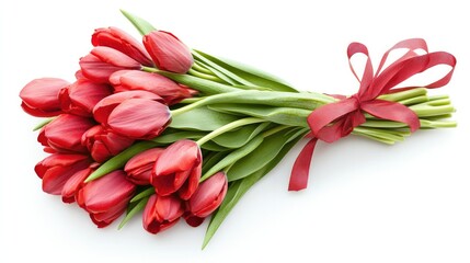 Fototapeta premium A neatly arranged bunch of red tulips, tied with a ribbon, set against a white background, symbolizing love and passion, perfect for gift-related themes.
