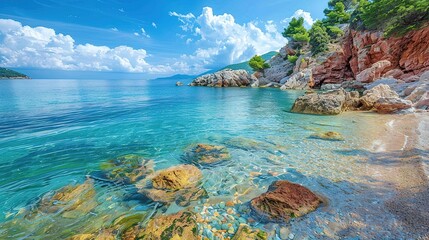 A captivating seaside ocean natural scenery. The ocean stretches as far as the eye can see, its waves rolling in with a soothing rhythm. The sky above is a beautiful blend of blues and whites. The san