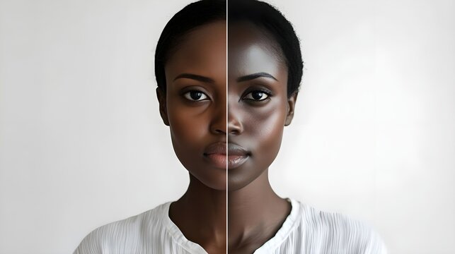 Portrait of a woman showcasing diversity with half-light and half-dark skin tones.