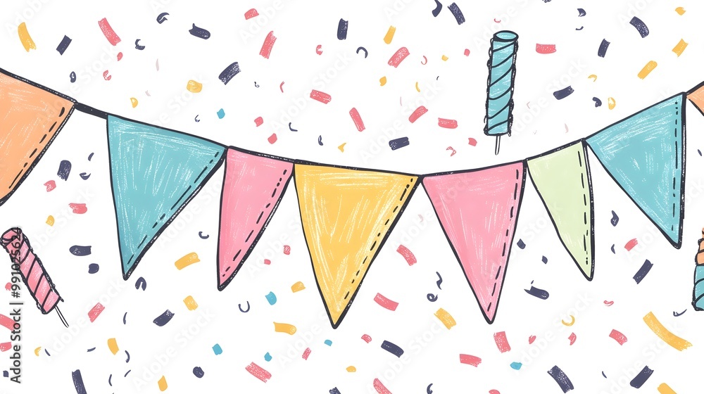 Poster vibrant hand-drawn style party flags with colorful confetti in playful format