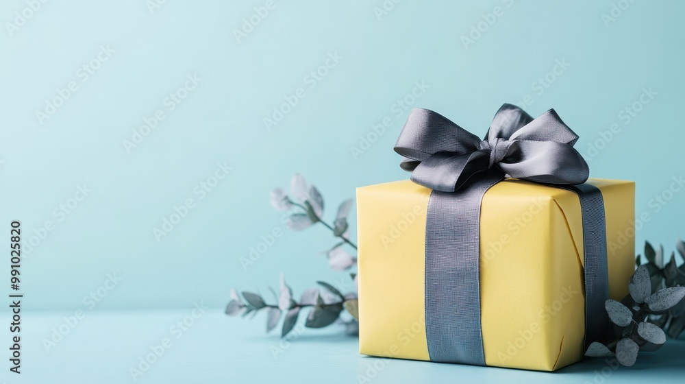 Wall mural A yellow gift box with a gray ribbon, placed beside eucalyptus leaves on a light blue background.