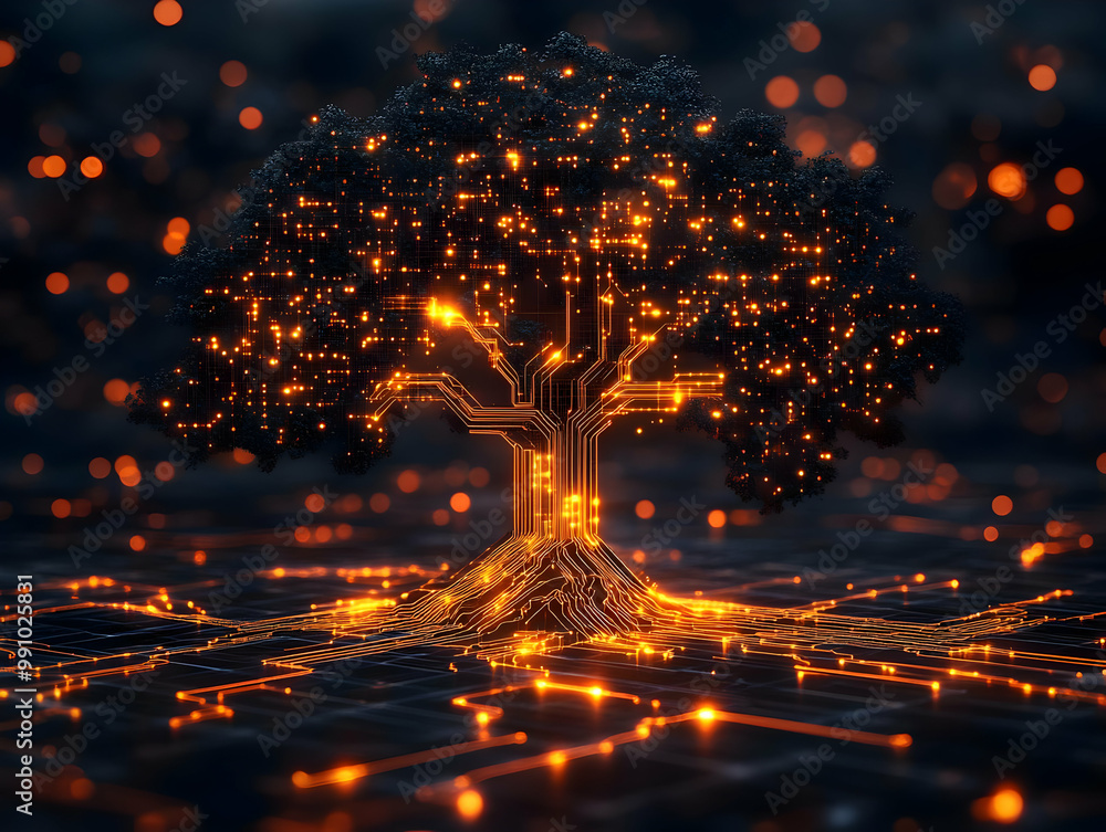 Poster a glowing tree made of circuits and lights on a dark background, symbolizing the fusion of nature an