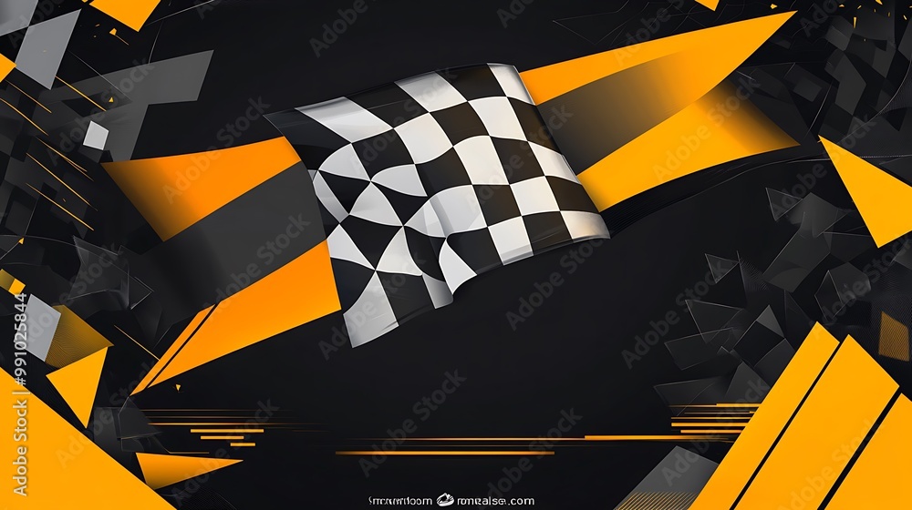 Poster a checkered flag waving in the wind against a dark background with yellow and black geometric shapes