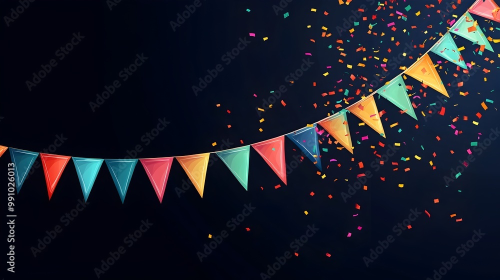 Poster curved festive flags with falling confetti in format for and holidays