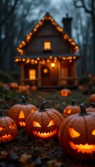 Fototapeta premium a house decorated with pumpkins and decorations and lights for the Halloween holiday, a rural house in the night forest, autumn nature