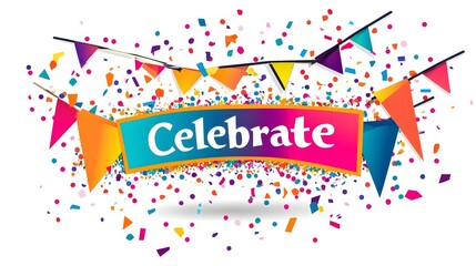 Bold Celebrate Banner with Vibrant Flags and Scattering Confetti in Playful Design