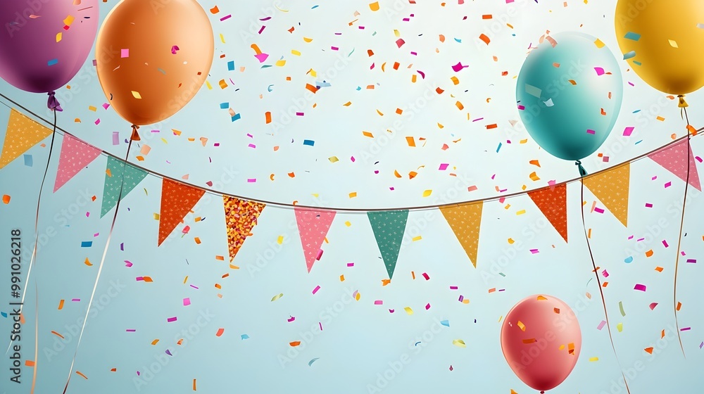 Poster festive party flags string with floating confetti and balloons