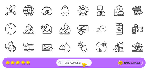 Smartphone buying, Cashback card and Online question line icons for web app. Pack of Waterproof, Vr, Receive mail pictogram icons. Auction hammer, Wallet, Bill accounting signs. Search bar. Vector