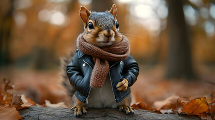 Stylish squirrel wearing a leather jacket and scarf stands in a vibrant autumn forest with fallen leaves.
