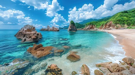 A captivating seaside ocean natural scenery. The ocean stretches as far as the eye can see, its waves rolling in with a soothing rhythm. The sky above is a beautiful blend of blues and whites. The san