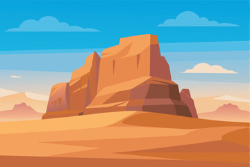 Cartoon desert scene with rock formation under blue sky. Adventure-themed Wild West vibe perfect for exploration or rock climbing.