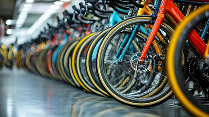 Fototapeta premium Colorful bicycle wheels lined up in a warehouse, showcasing a variety of designs and colors.