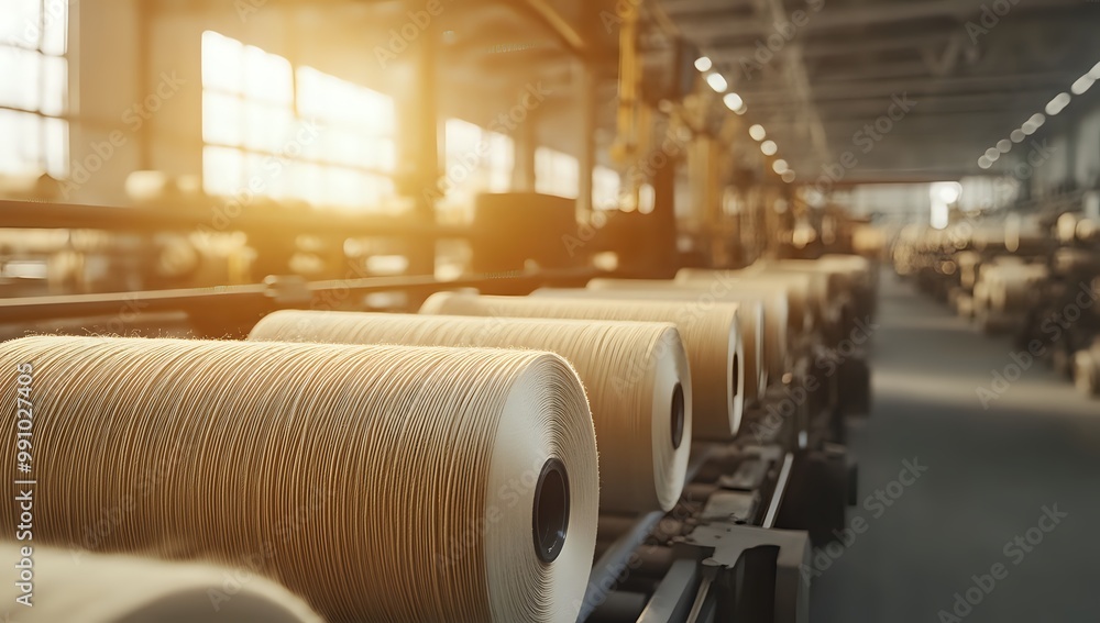 Poster close-up of spools of thread in a textile factory.