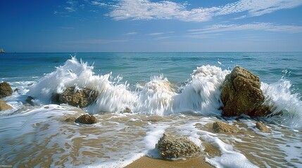 A captivating seaside ocean natural scenery. The ocean stretches as far as the eye can see, its waves rolling in with a soothing rhythm. The sky above is a beautiful blend of blues and whites. The san