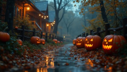 Obraz premium a house decorated with pumpkins and decorations for the Halloween holiday, a rural house in the forest, autumn nature