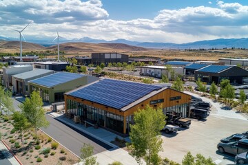 Aerial view of a modern building with solar panels, surrounded by greenery and wind turbines.
