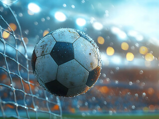 Close-up of a soccer ball hitting the goal net with droplets of water, dynamic action shot in a stadium.