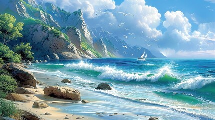 A captivating seaside ocean natural scenery. The ocean stretches as far as the eye can see, its waves rolling in with a soothing rhythm. The sky above is a beautiful blend of blues and whites. The san