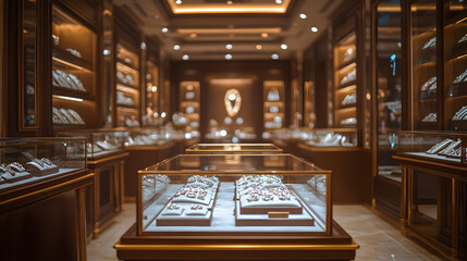 Elegant jewelry store interior featuring stunning display cases and luxurious lighting.