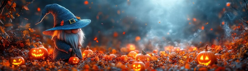 A single gnome wearing a witch hat, standing in a pumpkin patch with glowing jackolanterns scattered around, designed for Halloween ads with copy space