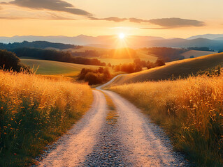 A picturesque gravel road winding through golden fields at sunset, with mountains in the distance and a peaceful atmosphere.