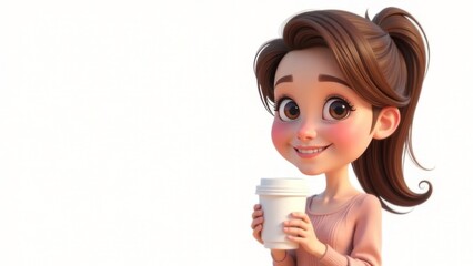 A young girl stands with a paper cup for takeaway coffee drinks or tea on a white background. Place for text