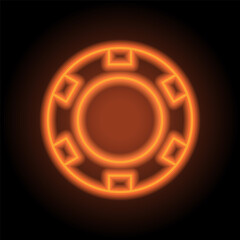 Casino, poker chip simple icon vector. Flat design. Orange neon on black background
