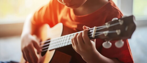 Fototapeta premium A child plays a ukulele indoors, focusing intently on the instrument, embodying creativity and musical joy.