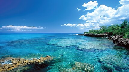 Fototapeta premium A captivating seaside ocean natural scenery. The ocean stretches as far as the eye can see, its waves rolling in with a soothing rhythm. The sky above is a beautiful blend of blues and whites. The san