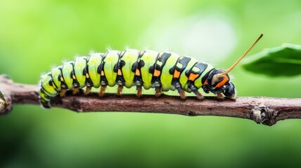 A vibrant green caterpillar with yellow and black markings crawls along a twig against a soft-focus green background.
