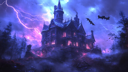 Obraz premium Spooky haunted mansion on a hill, with lightning striking in the background and bats flying around