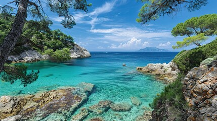 Fototapeta premium A captivating seaside ocean natural scenery. The ocean stretches as far as the eye can see, its waves rolling in with a soothing rhythm. The sky above is a beautiful blend of blues and whites. The san