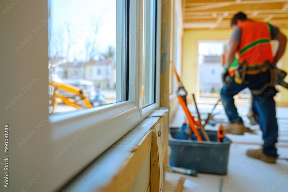 Poster construction site with a window view and a worker in the background.