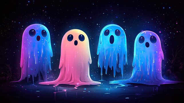 Many simple, cute cartoon ghosts in pink and blue neon colors against a black background in a pastel goth style.