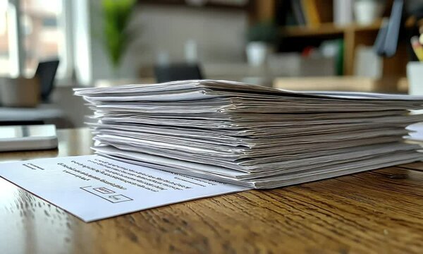 Close-up of pile of white papers and forms on wooden surface, representing bureaucracy, paperwork, or administrative tasks in workspace