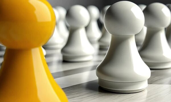 Unique yellow chess pawn standing out from white pawns, symbolizing leadership, individuality, and strategic advantage in business