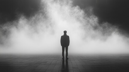 Minimalist black and white photography of a man's silhouette from behind.