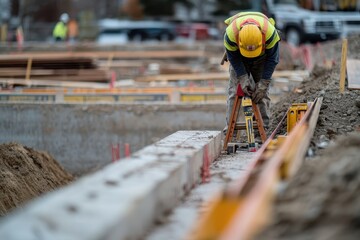 Construction worker measuring and preparing a foundation at a building site.