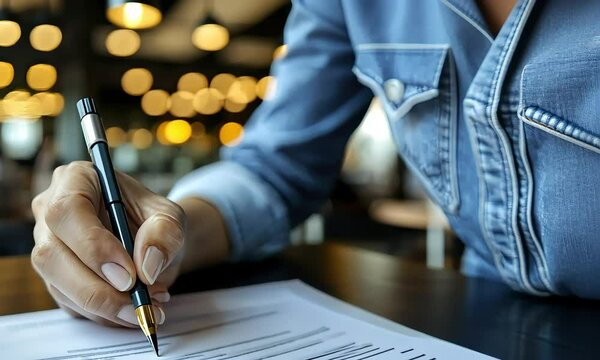 Person signing official paper with elegant fountain pen, emphasizing legal or business transaction in professional environment